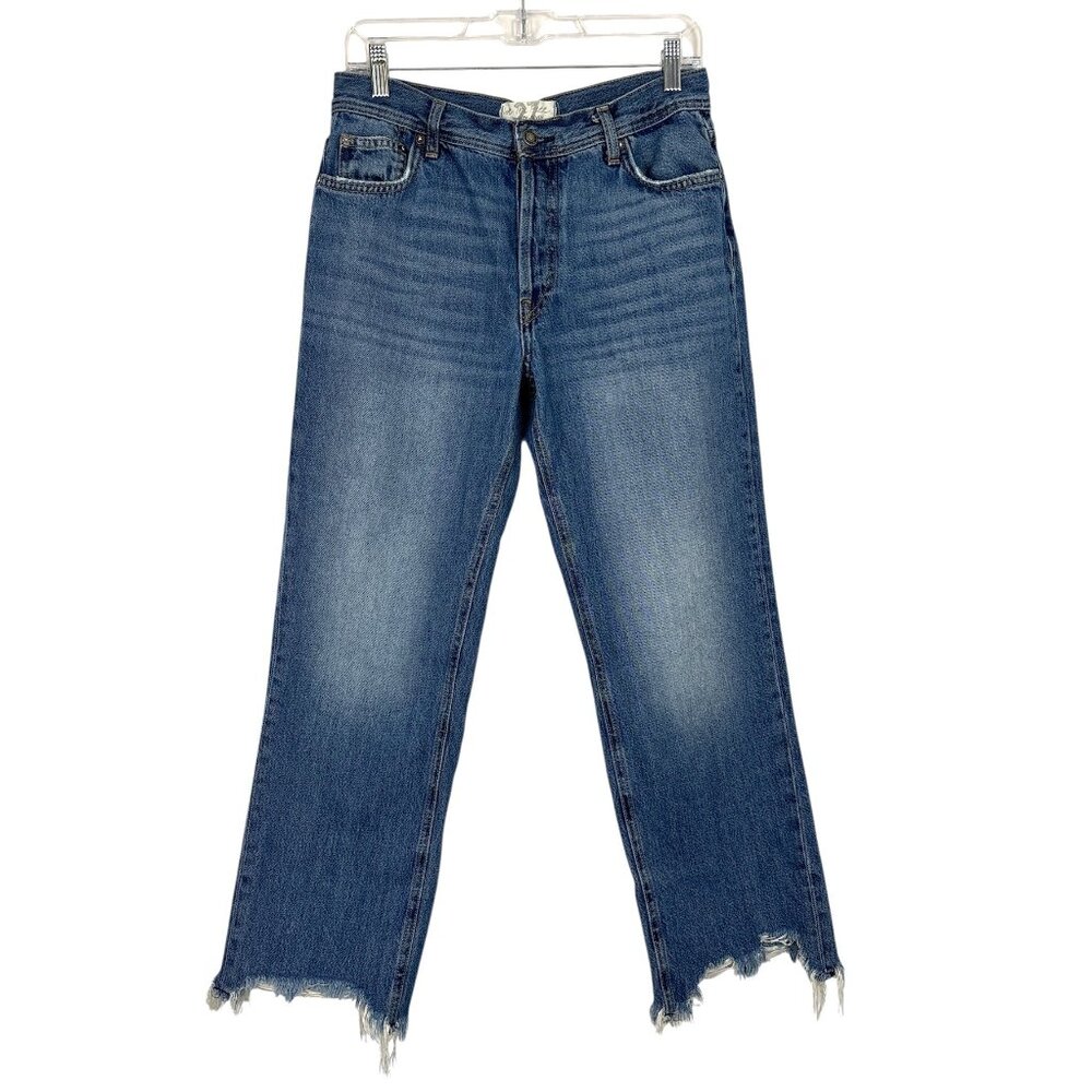 We The Free High-Rise Jeans Women’s 27 Blue Distressed Button Fly‎ Raw Hem Edgy